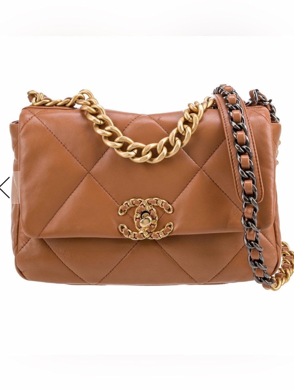 CHANEL 19 Quilted Shoulder Bag in Tan with Gold & Silver Chain medium